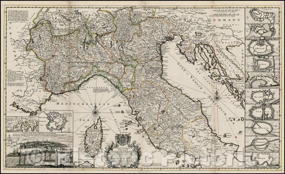 Historic Map - The Upper Part of Italy Containing ye Principality of Piemont ye Dutchies of Savoy, Milan, Parma, Mantua, Modena, Tuscany, the Dominions, 1720 - Vintage Wall Art