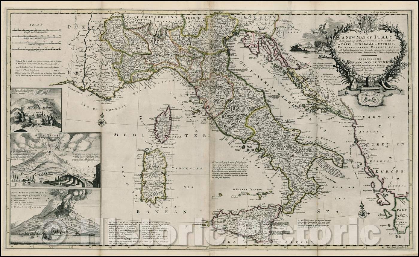 Historic Map - Italy, Distinguishing all the Sovereignties in it, whether States, Kingdoms, Dutchies, Principalities, Republicks With the Post Road, 1730 v1