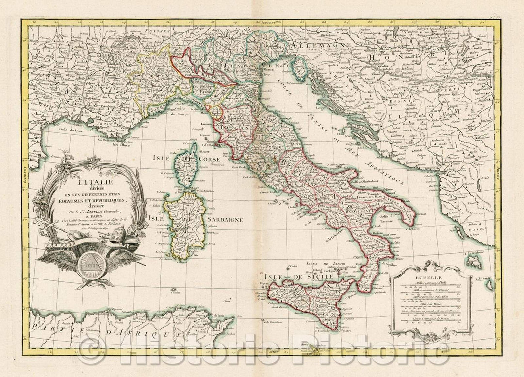 Historic Map - L'Italie divisee en ses differents etats Royaumes Et Republiques/Map of Italy, cartouche. Nice detail throughout, 1762, Jean Janvier - Vintage Wall Art