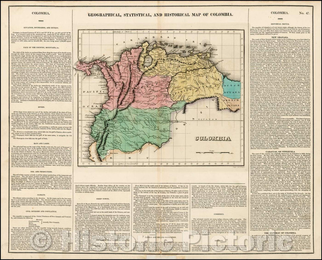 Historic Map - Geographical, Statistical and Historical Map of Colombia, 1823, Henry Charles Carey - Vintage Wall Art