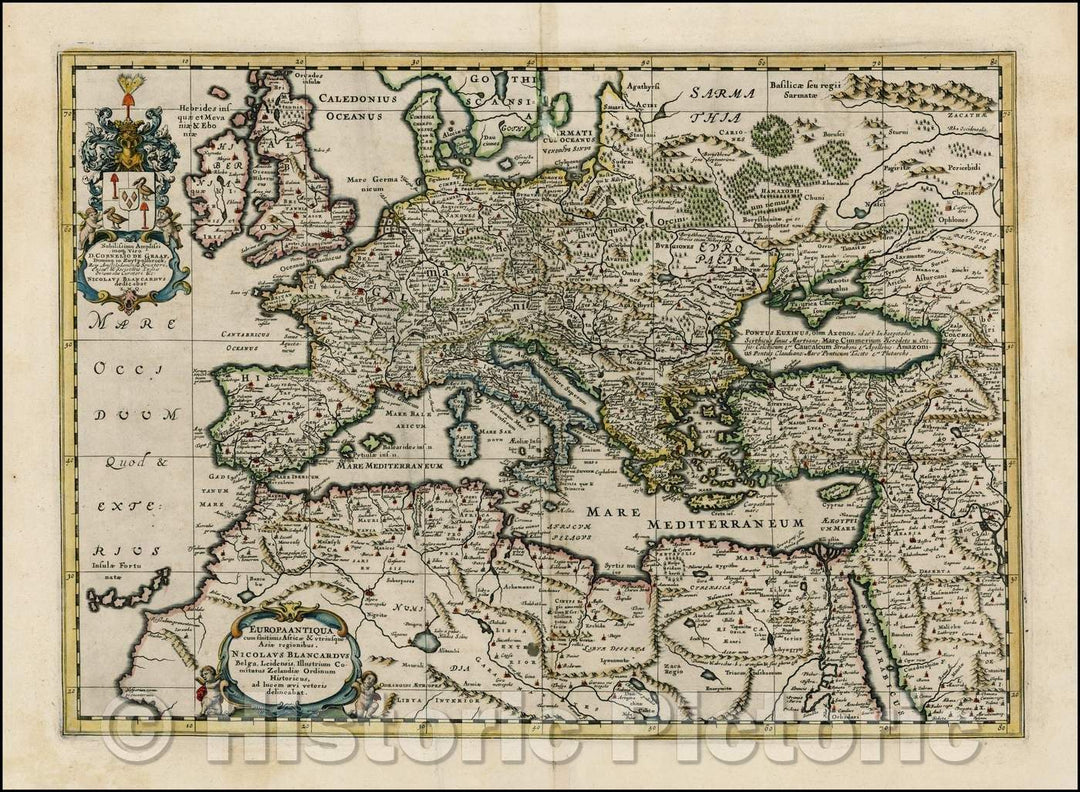 Historic Map - Europa Antiqua cum finitimis Africae & utriusqu Asia Regionibus. / Map of Europe and adjoining Regions by Nicolaus Blankaart, 1652 - Vintage Wall Art