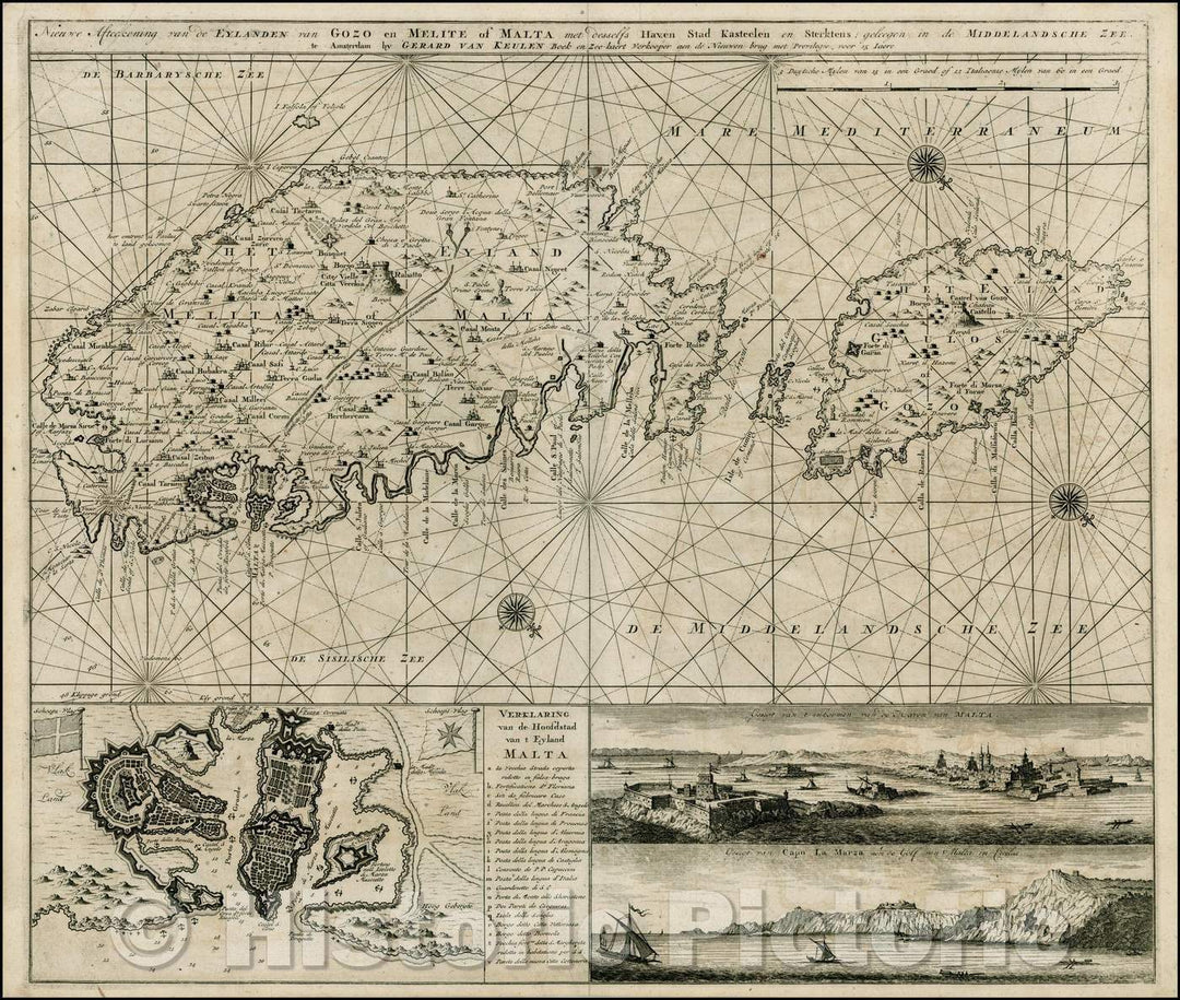 Historic Map - Nieuwe Afteekening van de Eylanden van Gozo en Melite of Malta met vesselss Haven Stad Kastelen en Sterktens :: Malta,Gozo, inset of Valetta, 1730 - Vintage Wall Art