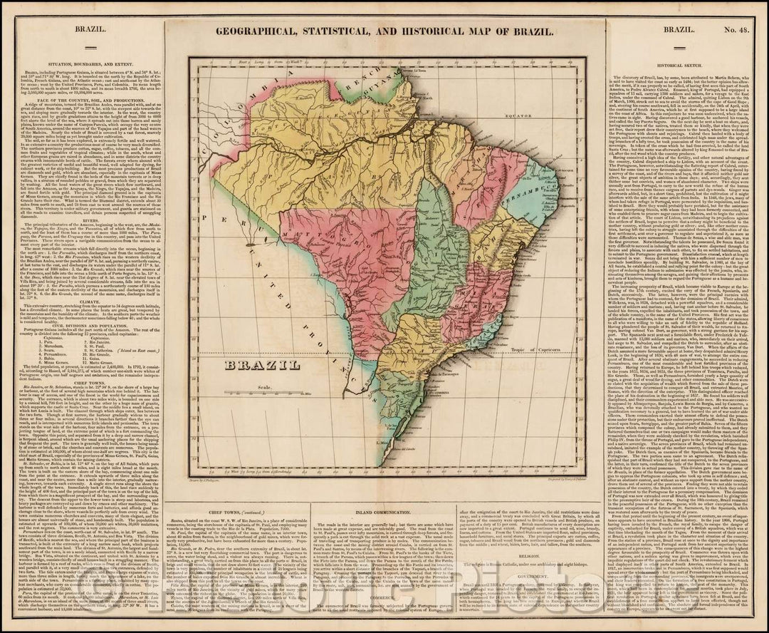 Historic Map - Geographical, Statistical and Historical Map of Brazil, 1823, Henry Charles Carey - Vintage Wall Art