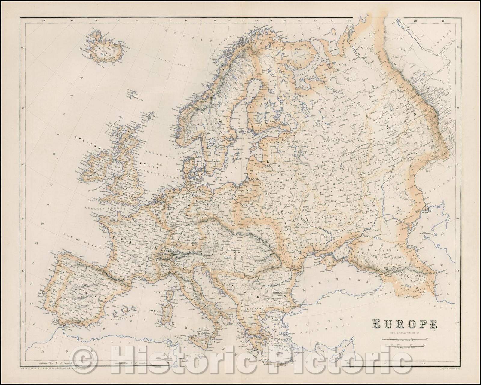 Historic Map - Europe, 1855, Archibald Fullarton & Co. - Vintage Wall Art