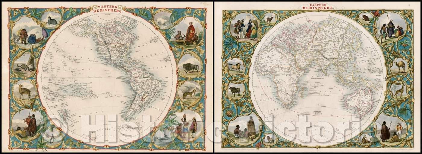 Historic Map - Western Hemisphere and Eastern Hemisphere, 1851, John Tallis v2