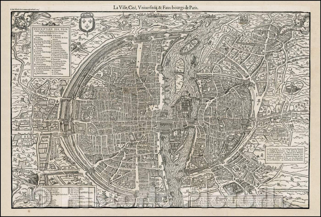 Historic Map - La Ville, Cite, Universite, Faux-Bourgs de Paris :: Plan of Paris, from De Belleforest's French edition of Sebastian Munster's Cosmographia, 1575 - Vintage Wall Art