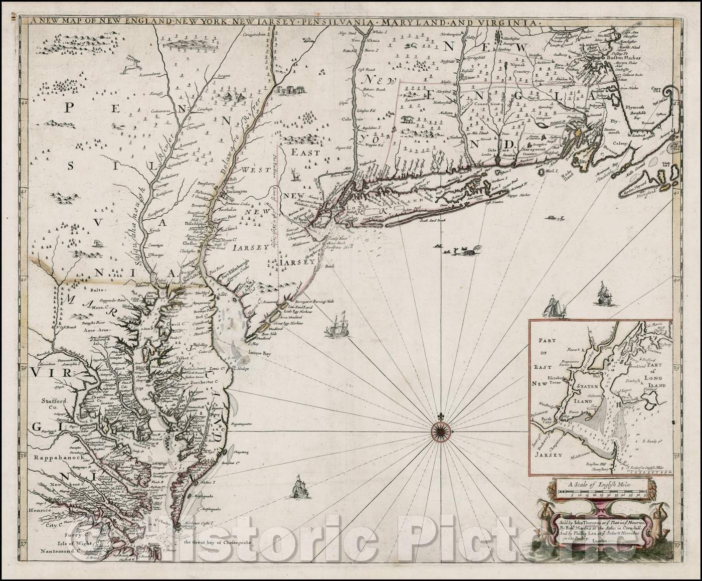 Historic Map - New England New York New Iarsey Pensilvania Maryland and Virginia, 1685, Robert Morden - Vintage Wall Art