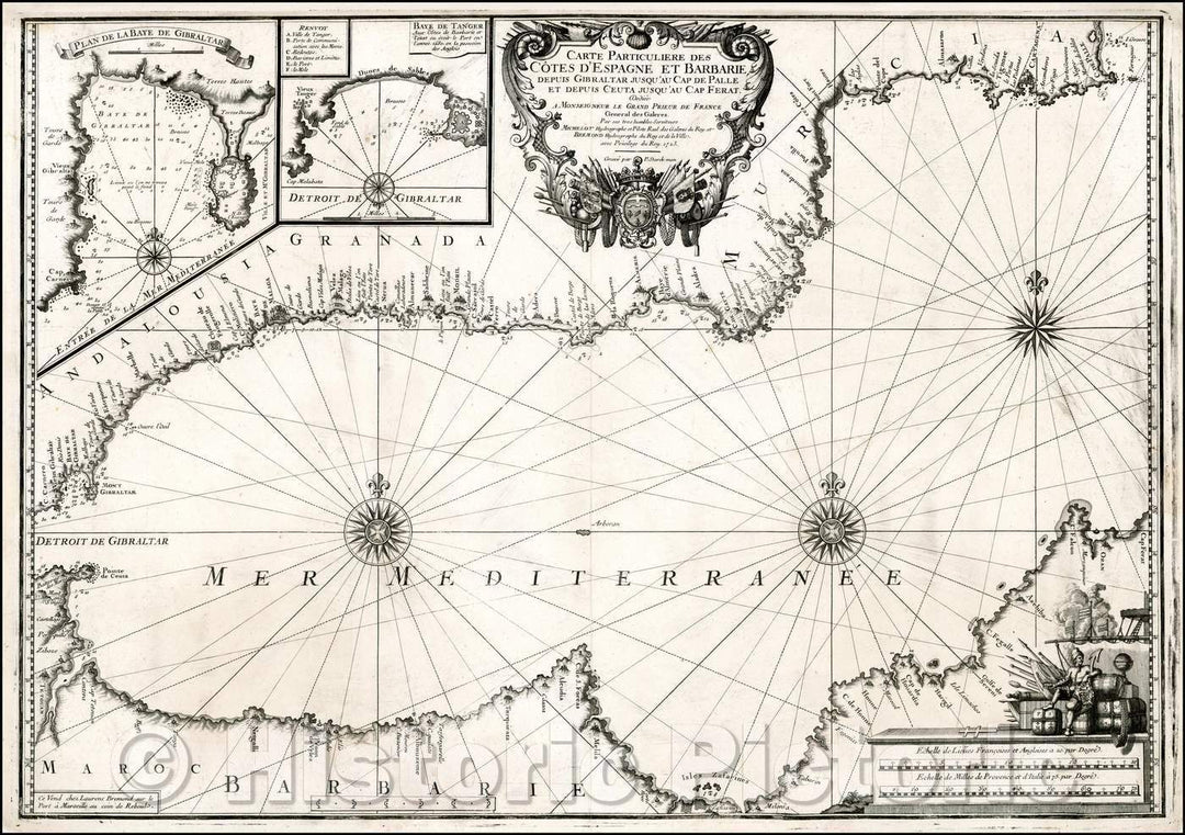 Historic Map - Carte Particuliere Des Cotes D'Espagne et Barbarie Depus Gibraltar :: Spanish Coast,Andalusia to Murcia,North African coastline, 1718 - Vintage Wall Art