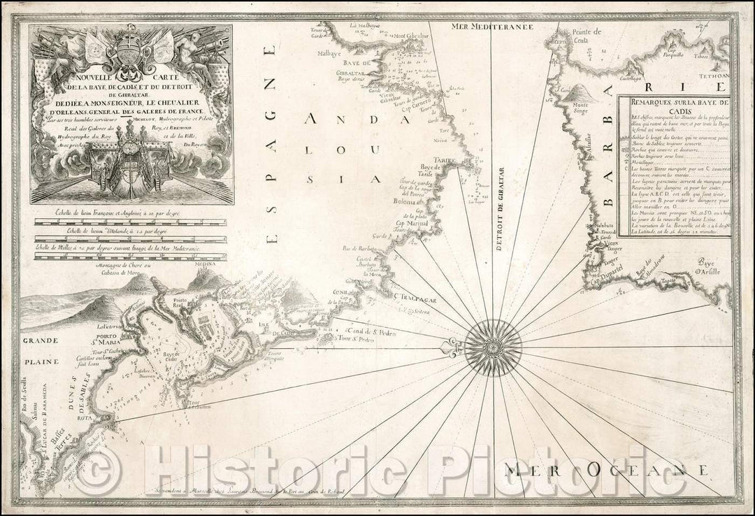 Historic Map - Nouvelle Carte De La Baye De Cadis Et Du Detroit De Gibraltar :: Straits of Gibraltar, profiles of the Coastal Regions, 1718, Laurent Bremond - Vintage Wall Art