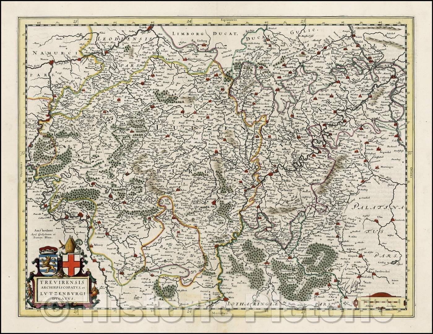 Historic Map - Trevirensis Archiepiscopatus, et Lutzenburgi Ducatus/Regional Map of the Rheinland-Pfalz in Germany, with a cartouche, 1640, Johannes Blaeu - Vintage Wall Art