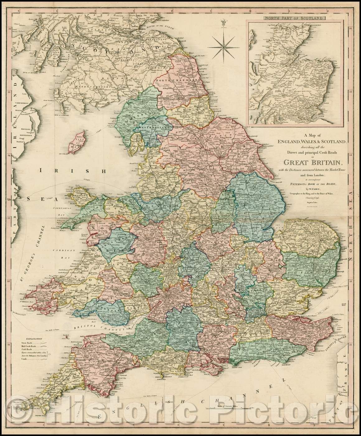 Historic Map - A Map of England, Wales & Scotland describing all the Direct and principal Cross Roads in Great Britain, 1801, William Faden v1