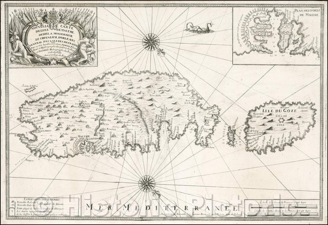 Historic Map - Nouvelle Carte de L'Isle de Malthe, Dediee a Monseigneur le Chevalier, d'Orleans/Chart of Malta and Goza, Valetta and its harbor, 1718 - Vintage Wall Art