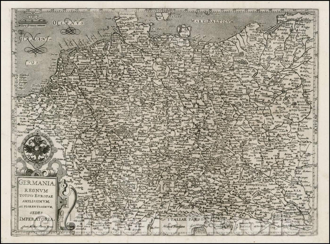 Historic Map - Germania, Regnum Totius Europae Amplissimum Ac Florentissmum Sedes Imperatoria :: Florimi of Northern Europe, Belgium and The Netherlands, 1595 - Vintage Wall Art