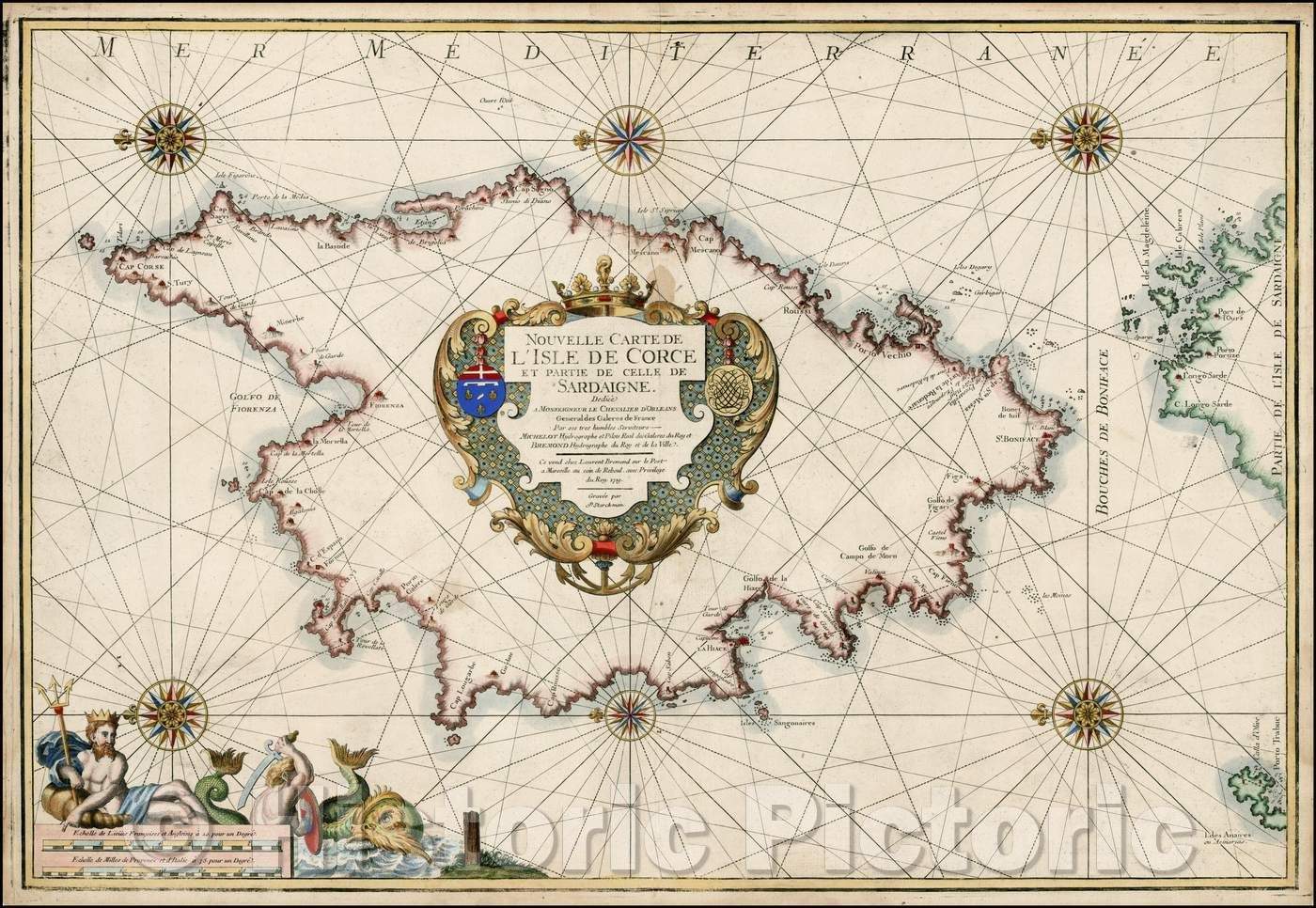 Historic Map - Nouvelle Carte de L'Isle De Corce Et Partie De Celle De Sard :: Chart of Corsica, with two large cartouches, compass roses, 1719, Laurent Bremond - Vintage Wall Art