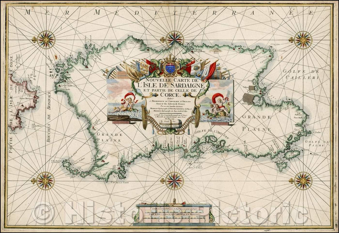 Historic Map - Nouvelle Carte de L'Isle De Sardaigne Et Partie De Celle De Corce/Chart of Sardinia, cartouche and multiple compass roses, 1719 - Vintage Wall Art