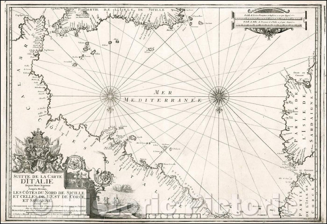 Historic Map - Sutte De La Carte D'Italie Depuis Mont Argentat Jusqu'a Messine/Chart of the Southern Italian Mediterranean coastline, 1718, Laurent Bremond - Vintage Wall Art