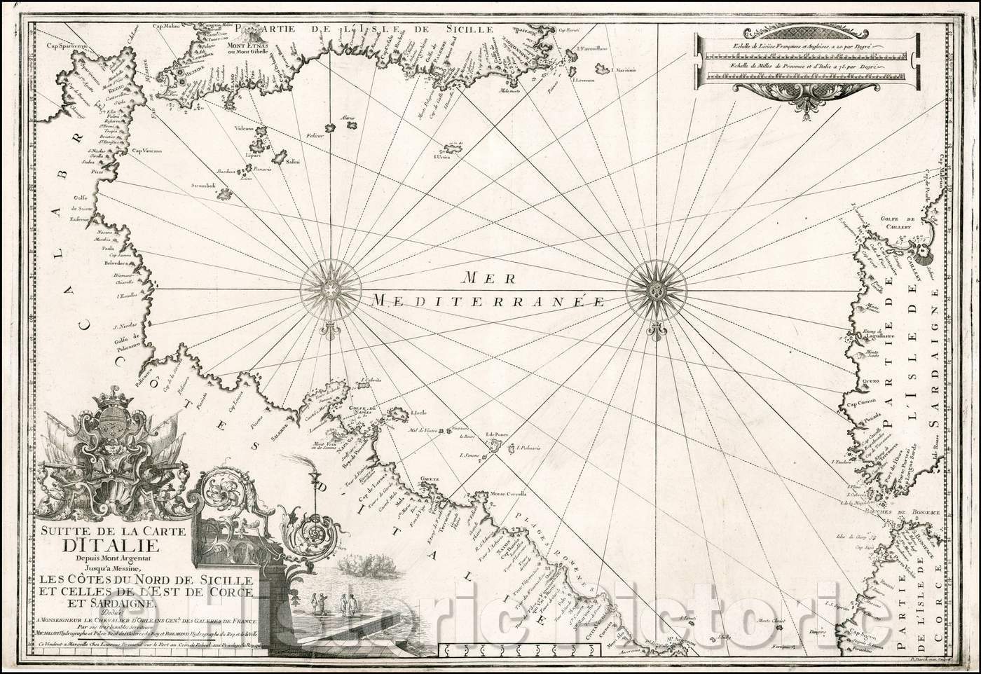 Historic Map - Sutte De La Carte D'Italie Depuis Mont Argentat Jusqu'a Messine/Chart of the Southern Italian Mediterranean coastline, 1718, Laurent Bremond - Vintage Wall Art