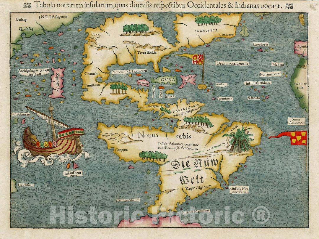 Historic Map - Tabula novarum insularum, quas Diversis respectibus Occidentales & Indianas uocant. 1st Map of the continent of America, 1550, Sebastian M?nster - Vintage Wall Art