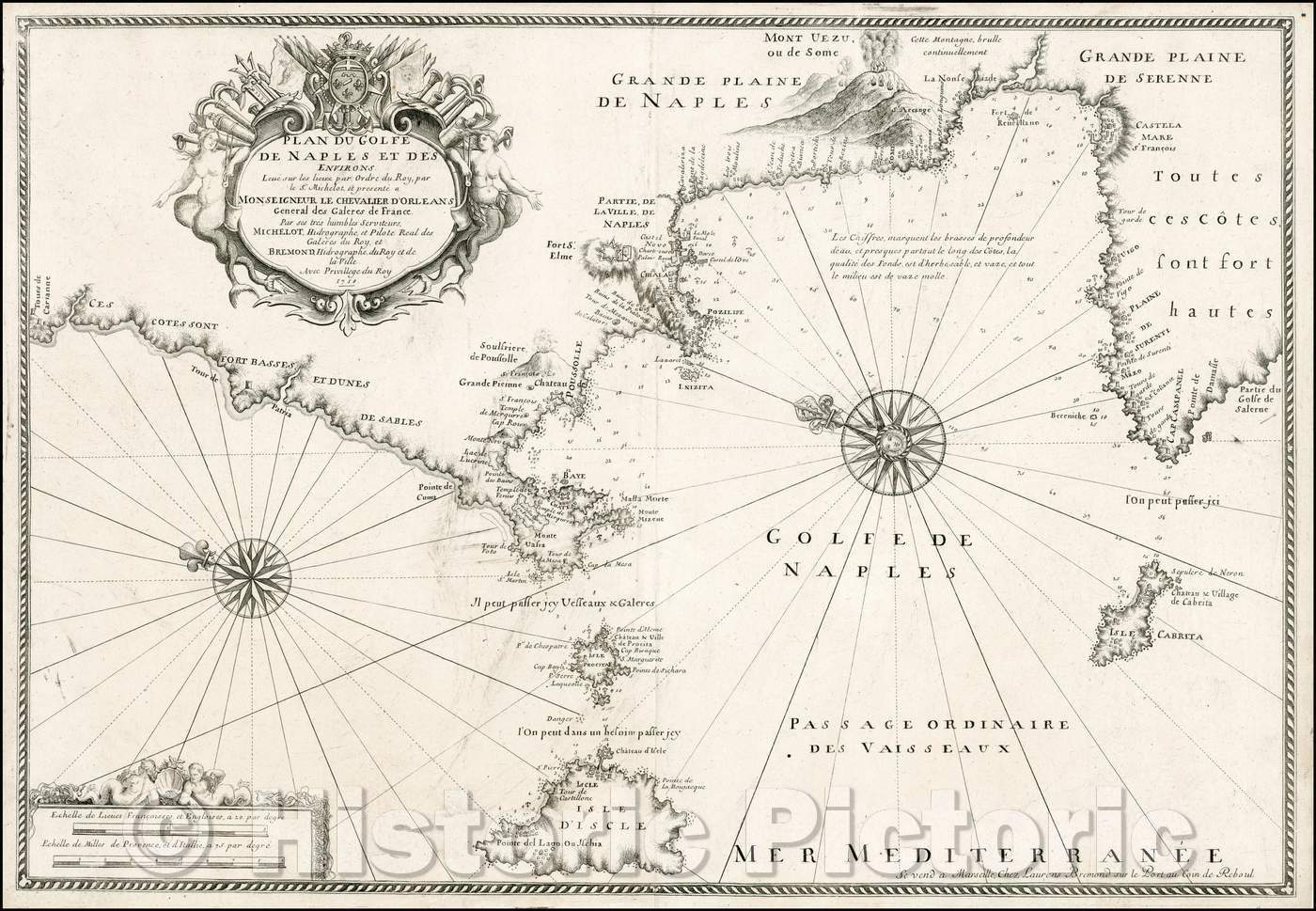 Historic Map - Plan Du Golfe De Naples et Des Environs/Chart of the Gulf of Naples and Islands of Ischia, Capri and Procida, 1718, Laurent Bremond - Vintage Wall Art