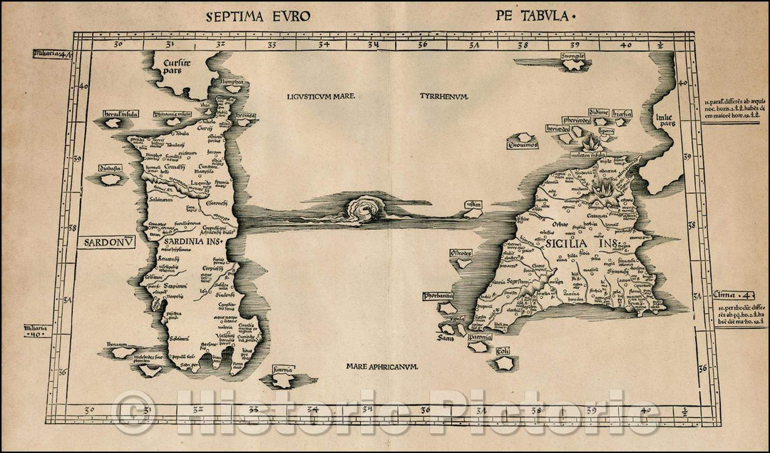 Historic Map - Septima Europe Tabula [Sicily & Sardinia]/The seventh Europe Map [Sicily & Sardinia], 1513, Martin Waldseem?ller - Vintage Wall Art