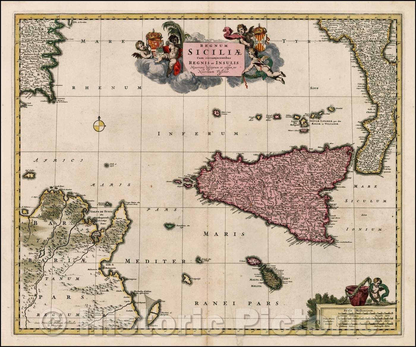 Historic Map - Regnum Siciliae Cum circumjacentibus Regnis et Insulis/Map of Sicily, Malta and a bit of Naples and Sardinia, 1680, Nicolaes Visscher I - Vintage Wall Art