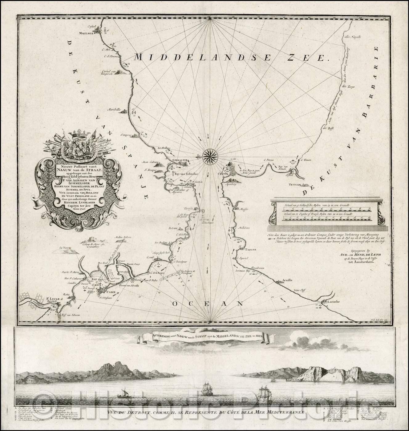 Historic Map - Nieuwe Paskaart vant Naauw van de Straat. op gedragen aan den Hoog Edel/Chart and View the Straits of Gibraltar, east at the top, 1726 - Vintage Wall Art