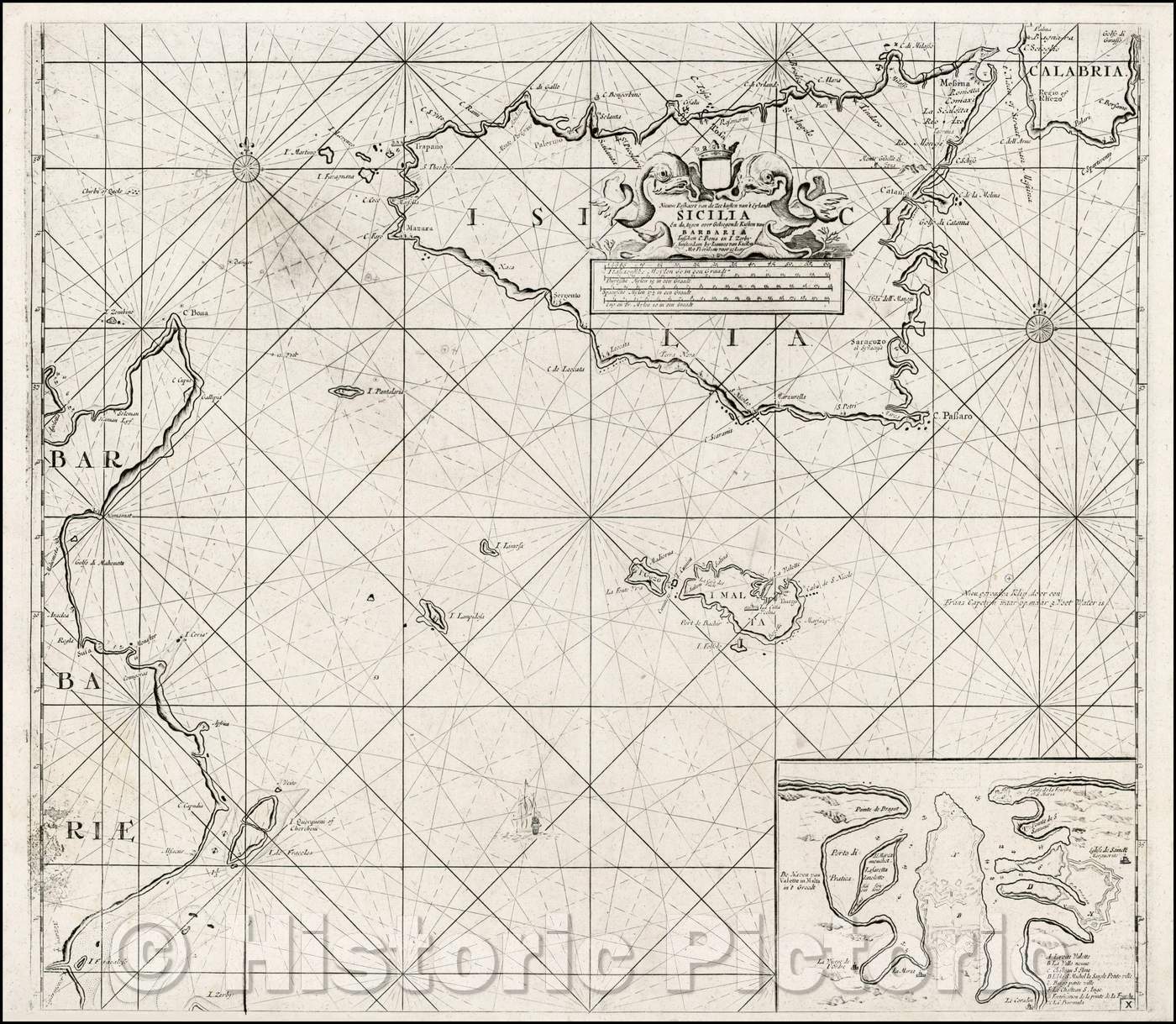 Historic Map - Nieuwe Paskaert van de Zee Kusten van't Eylandt Sicilia/Sea Chart of Sicily and Malta, from the leading Chart maker of the period, 1720 - Vintage Wall Art