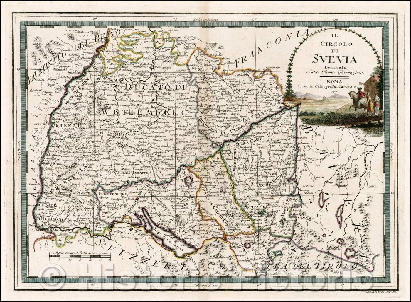 Historic Map - Il Circolo Di Suevia/Map of part of Swabia in Germany, covering the area East of the Rhine River and Centered on the Danube, 1796 - Vintage Wall Art