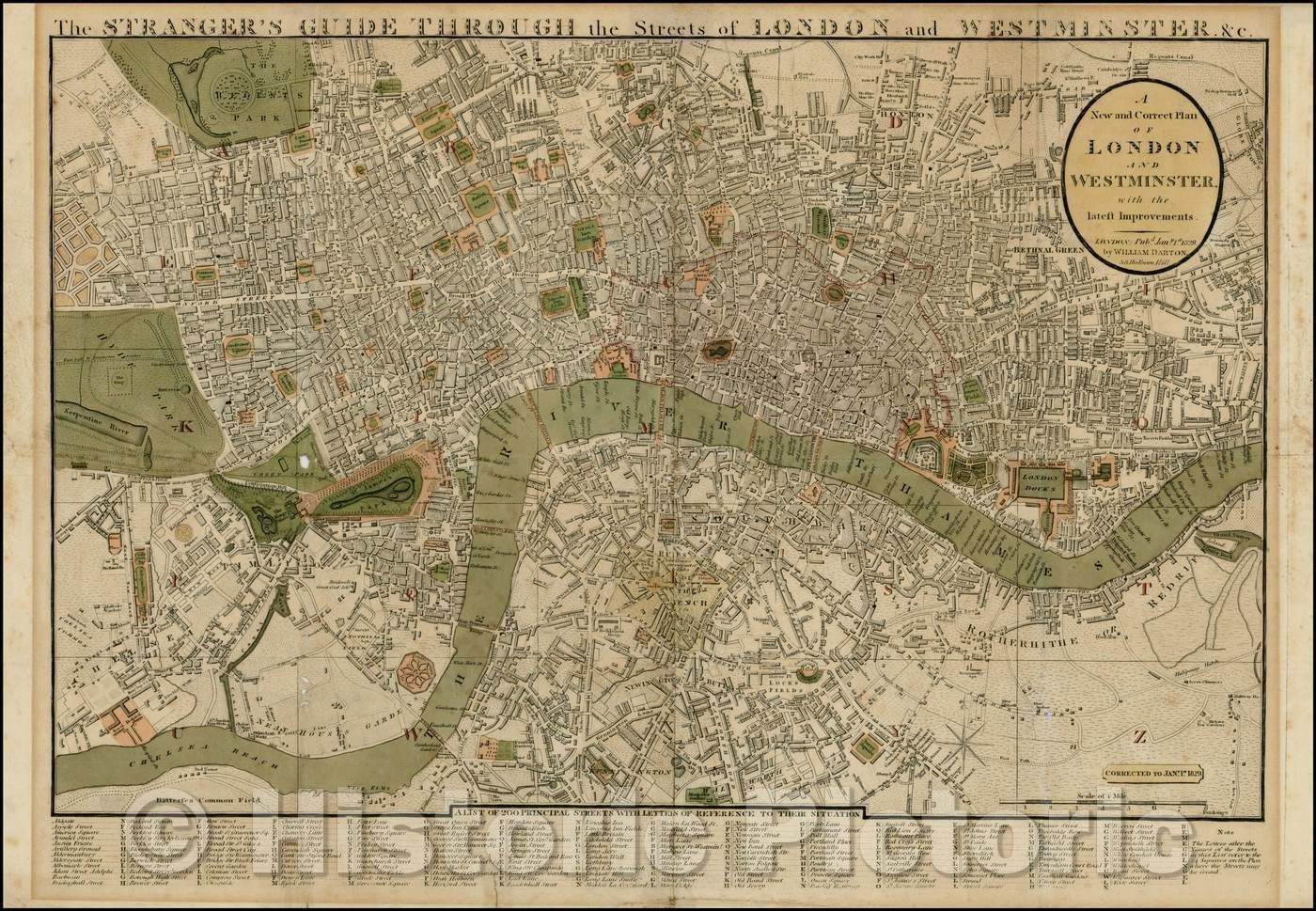 Historic Map - A New and Correct Plan of London and Westminster with the latest Improvements, 1829, William Darton - Vintage Wall Art