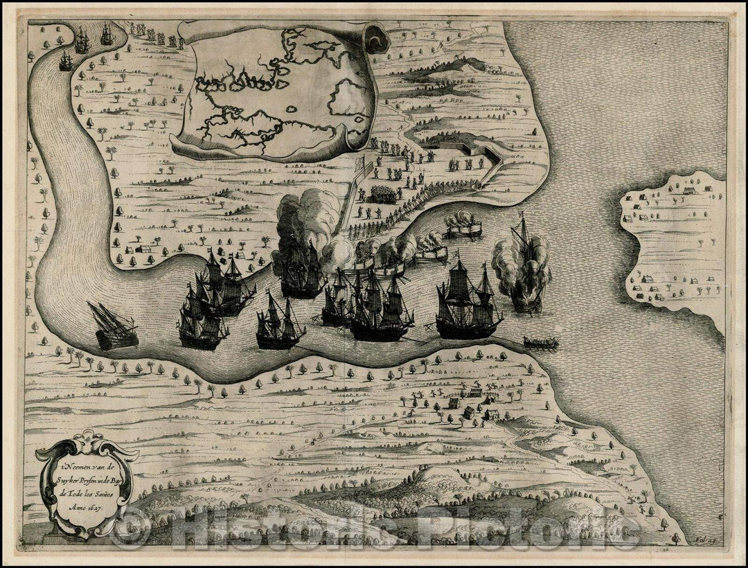 Historic Map - t'Neemen van de Suyker Prysen in de Bay de Tode los Santos Ann :: View of the Dutch Siege of Baia de Todos Santos, Brazil, command of Piet Heyn, 1645 - Vintage Wall Art