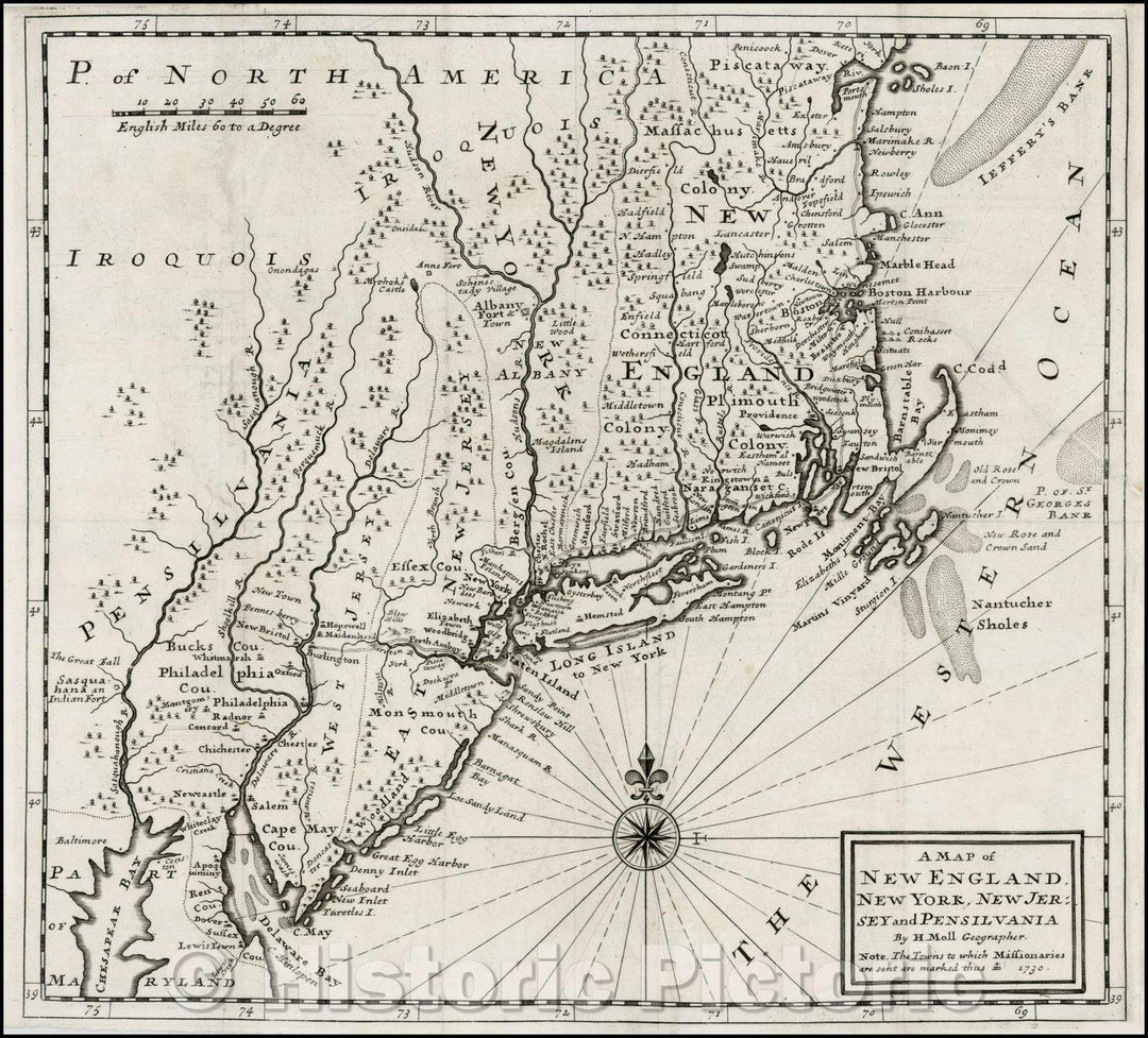 Historic Map - A map of New England, New York, New Jersey and Pensilvania, 1730, Herman Moll - Vintage Wall Art