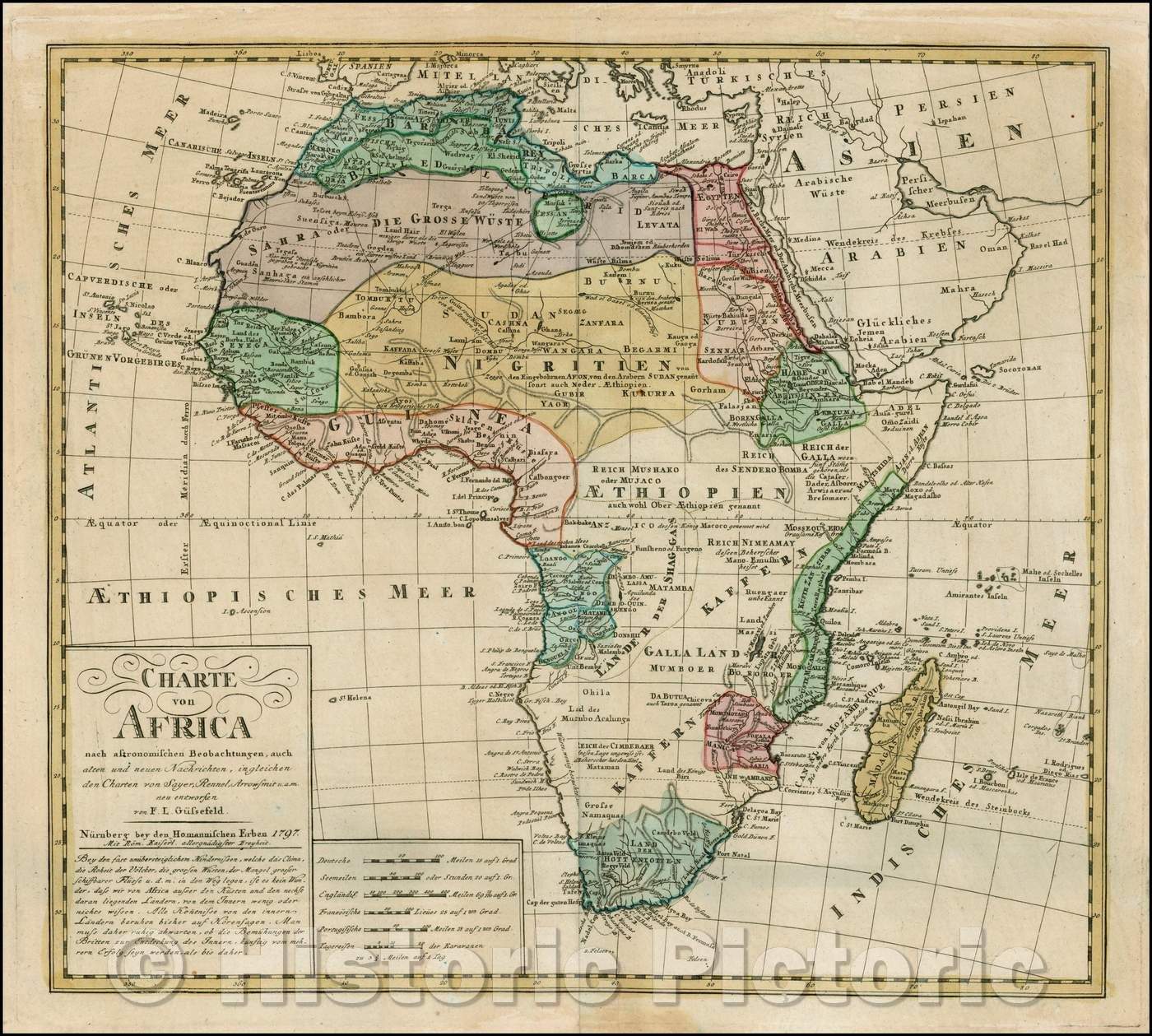 Historic Map - Charte von Africa nach astronomischen/Chart of Africa, trade routes are shown in the northern interior, 1797, Franz Ludwig Gussefeld - Vintage Wall Art