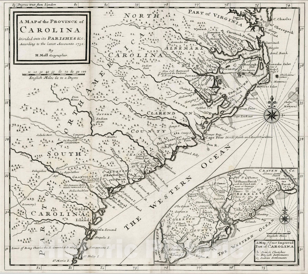 Historic Map - Province of Carolina Divided into its Parishes &c According to the latest Accounts, 1730, Herman Moll - Vintage Wall Art