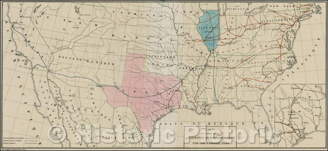 Historic Map - Carte Du Chemin De Fer De Galveston Houston &c Henderson Etats-Unis D'Amerique, Texas :: depicting Galveston, Houston & Henderson Railroad, 1857 - Vintage Wall Art