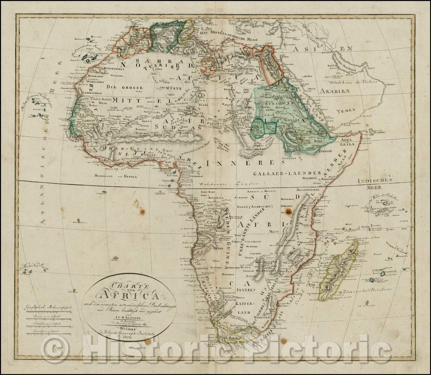 Historic Map - Charte von Africa nach den neuesten astronischen Beobaditungen und Reisen :: Chart of Africa, trade routes are shown in the northern interior, 1817 - Vintage Wall Art