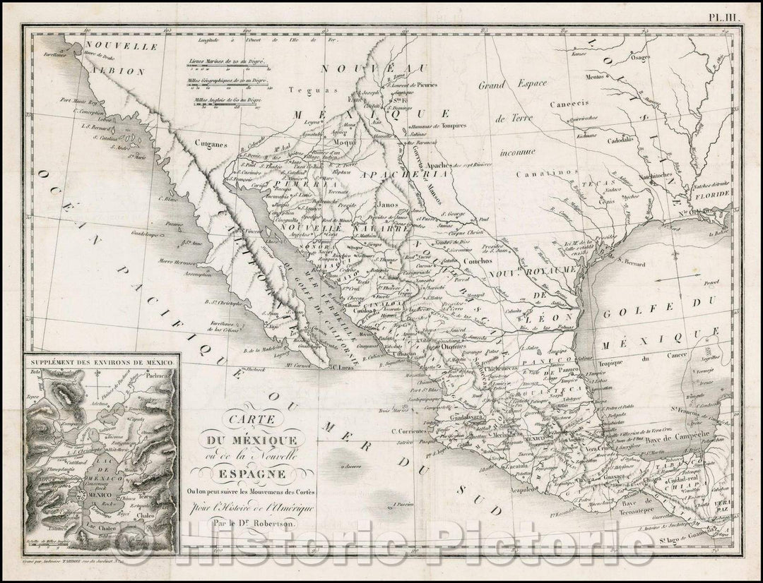 Historic Map - Carte Du Mexique, ou de la Nouvelle Espagne Ou l'on peut suivre/Map of Texas, Upper California, Mexico, etc, 1820, Pierre Fran?is Tardieu - Vintage Wall Art