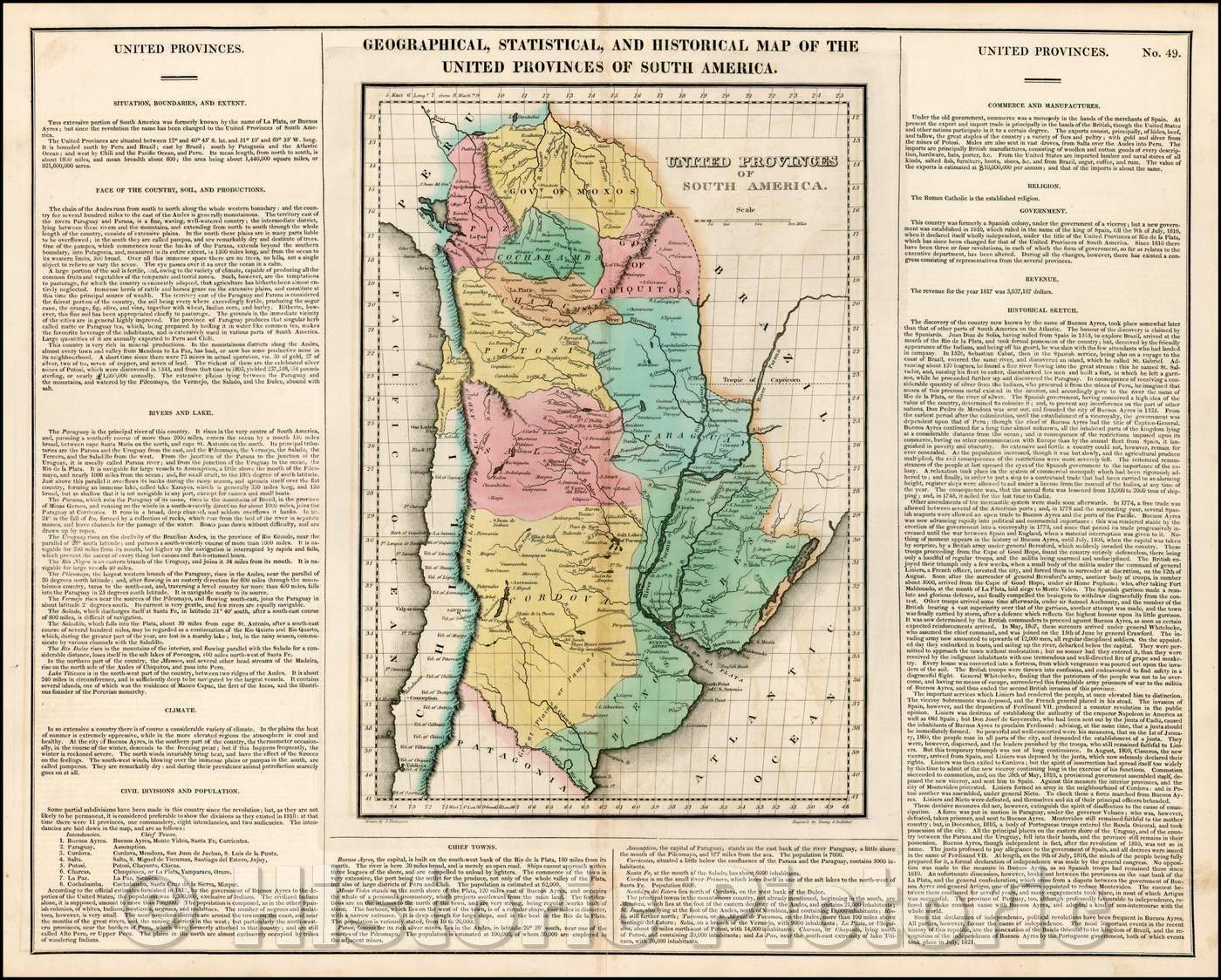 Historic Map - Geographical, Statistical and Historical Map of The United Provinces of South America, 1823, Henry Charles Carey - Vintage Wall Art