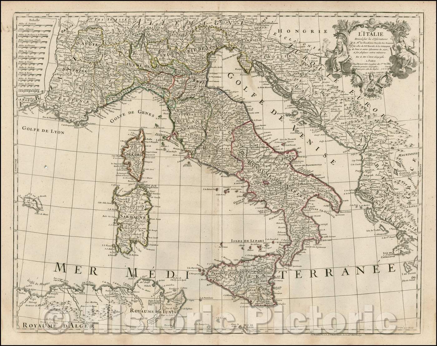 Historic Map - L'Italie Dressee Sur Les Observations de l'Academie Royale des Sciences sur celles/Map of Italy, hand colored by Kingdoms, 1788 - Vintage Wall Art