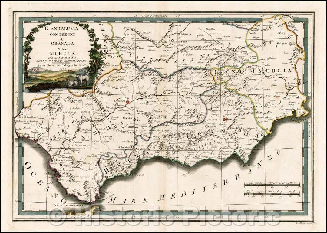 Historic Map - L'Andalusia Con I Regni di Granada e di Murcia Deli/Regional Map of the Andalusia, Granada and Murcia, Straits of Gibraltar, 1794 - Vintage Wall Art