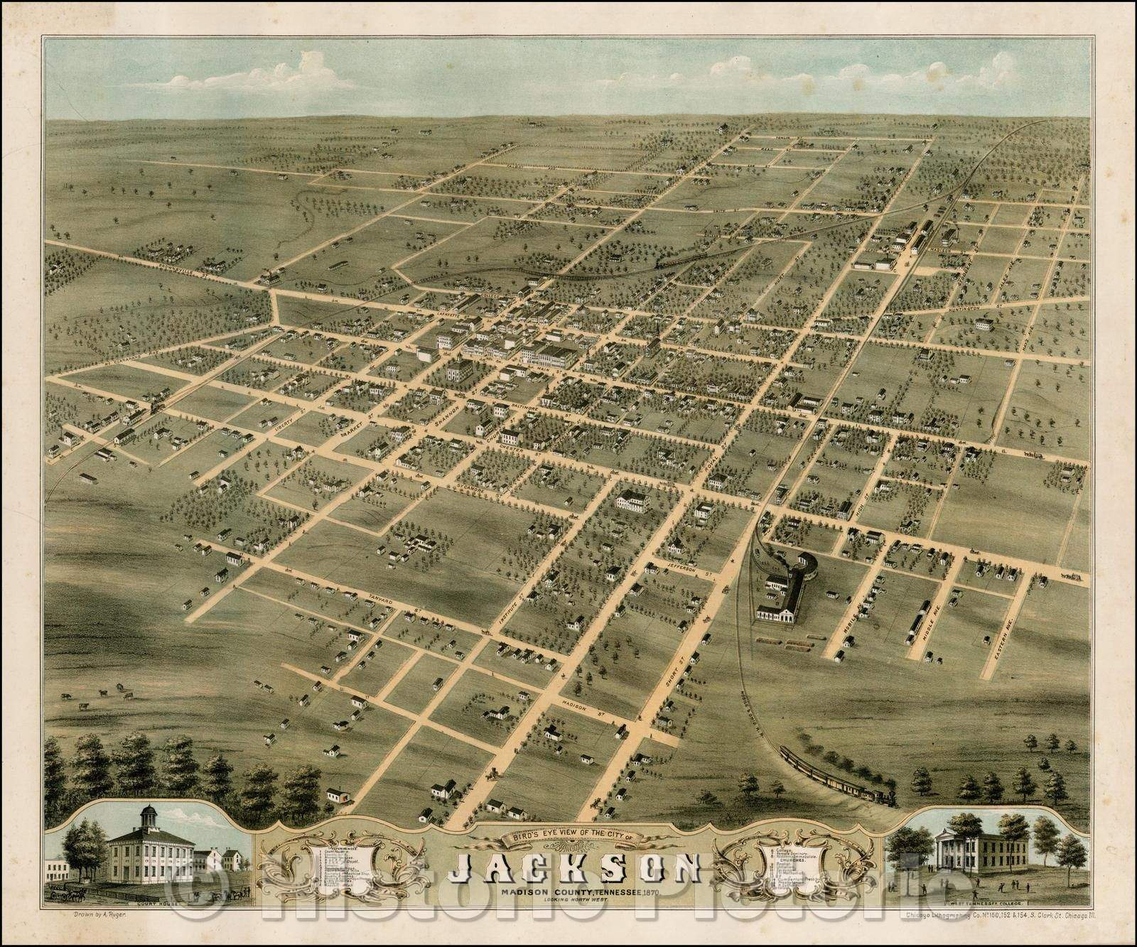 Historic Map - Bird's Eye View of the City of Jackson, Madison, Tennessee, 1870, Albert Ruger - Vintage Wall Art