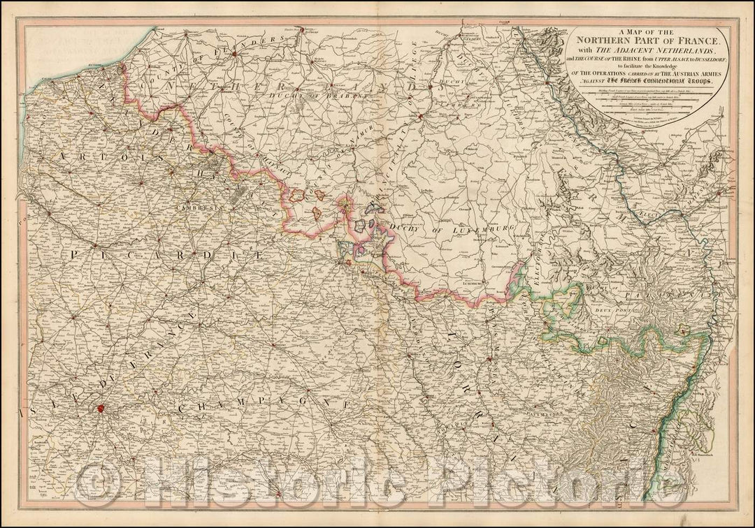 Historic Map - Northern Part of France, with The Adjacent Netherlands, and the Course of the Rhine from Upper Alsace to Dusseldorf; to facilitate the Kn, 1795 v1