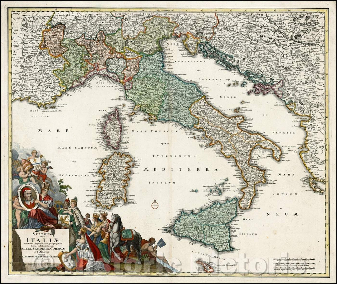 Historic Map - Statuum totius Italiae novissima repreaesentatio geographica/Repreaesentatio of Italy and it is the last of the states of geographica, 1730 - Vintage Wall Art