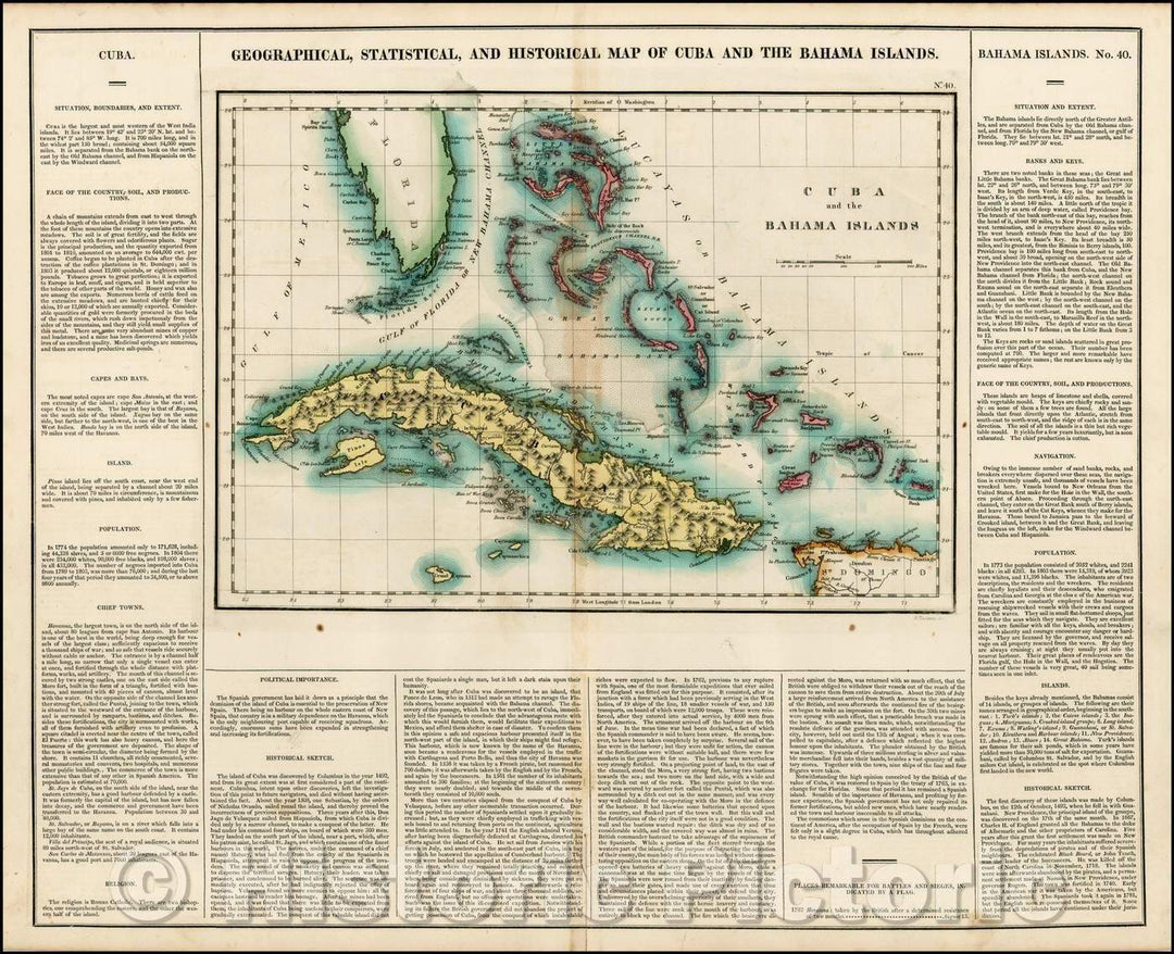 Historic Map - Geographical, Statistical and Historical Map of Cuba and the Bahama Islands, 1823, Henry Charles Carey - Vintage Wall Art