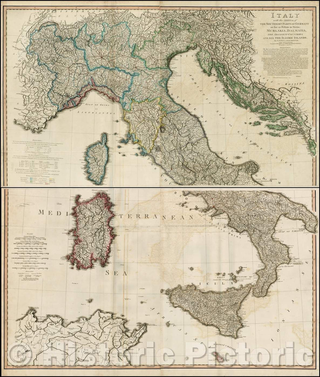 Historic Map - Italy with the Addition of The Southern Parts of Germany as far as Pettau in Stiria; Murlakia, Dalmatia, 1800, William Faden - Vintage Wall Art