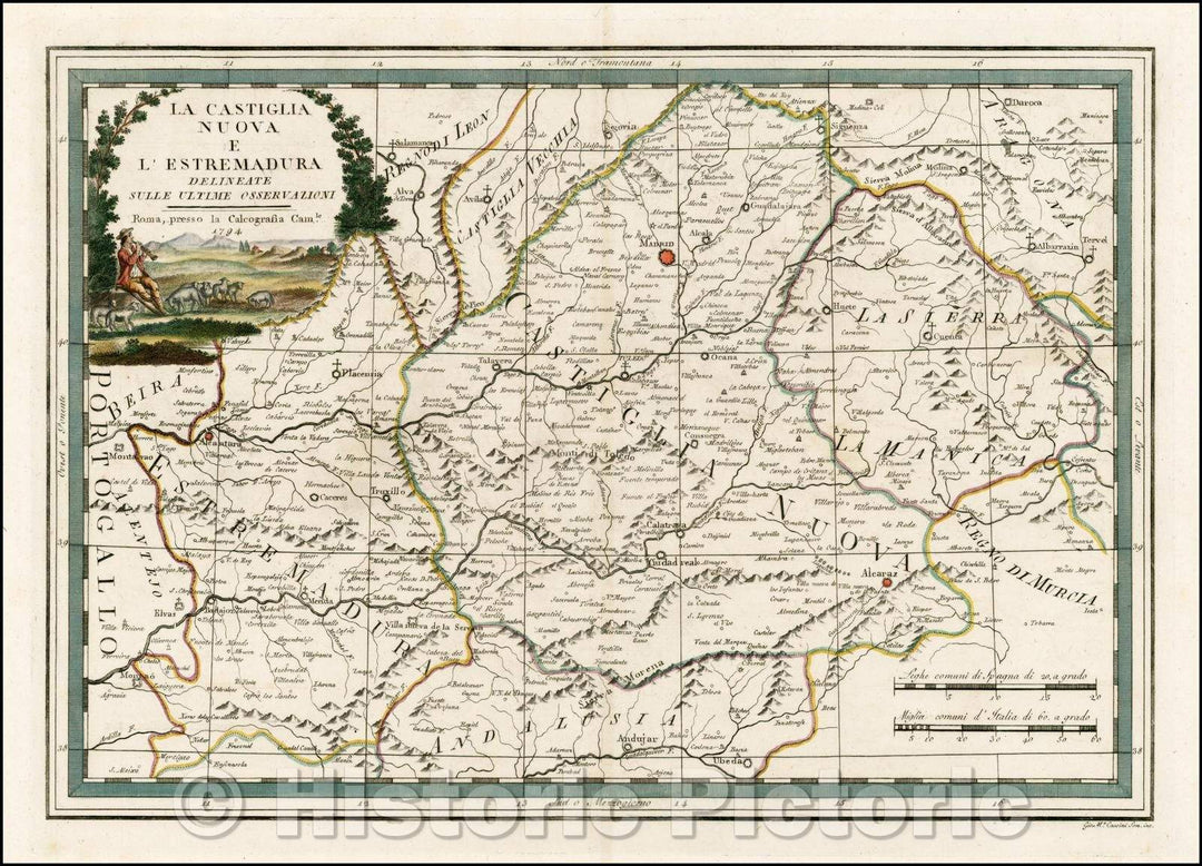 Historic Map - La Castiglia Nuova E L'Estremadura Delineate :: Regional of the Castille and Nova Extremadura, Madrid, Toledo, Segovia, Avila, and Plancenzia, 1794 - Vintage Wall Art