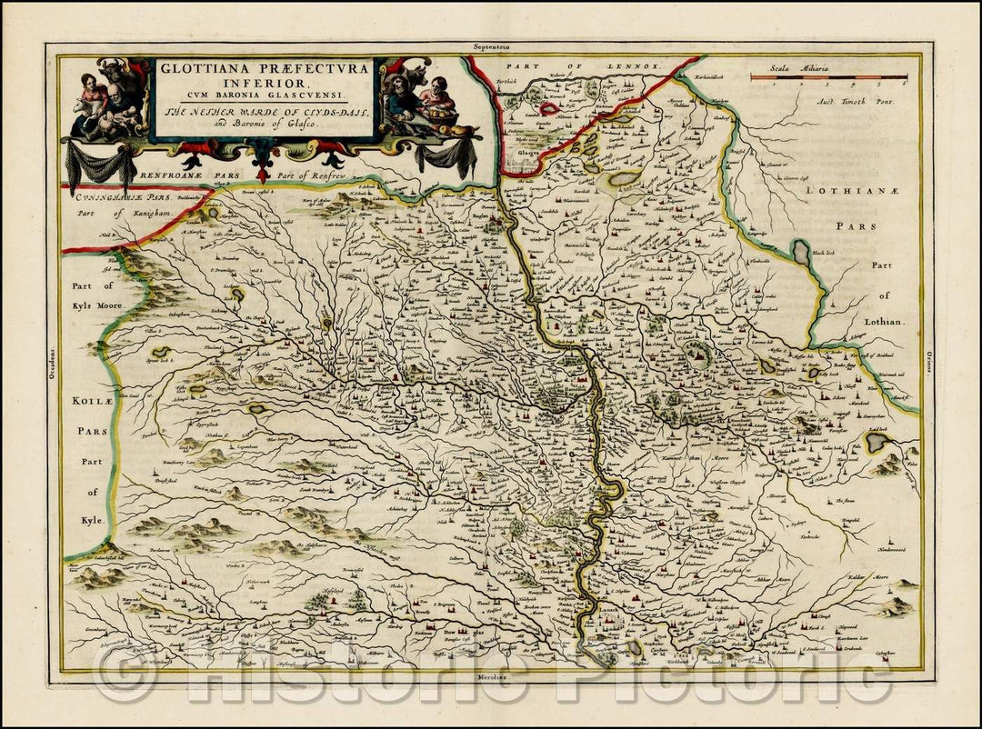 Historic Map - Glottiana Praefectura Inferior, cum Baronia Glascuensi/Regional Map of Scotland, from Blaeu's Atlas Maior, 1654, Willem Janszoon Blaeu - Vintage Wall Art