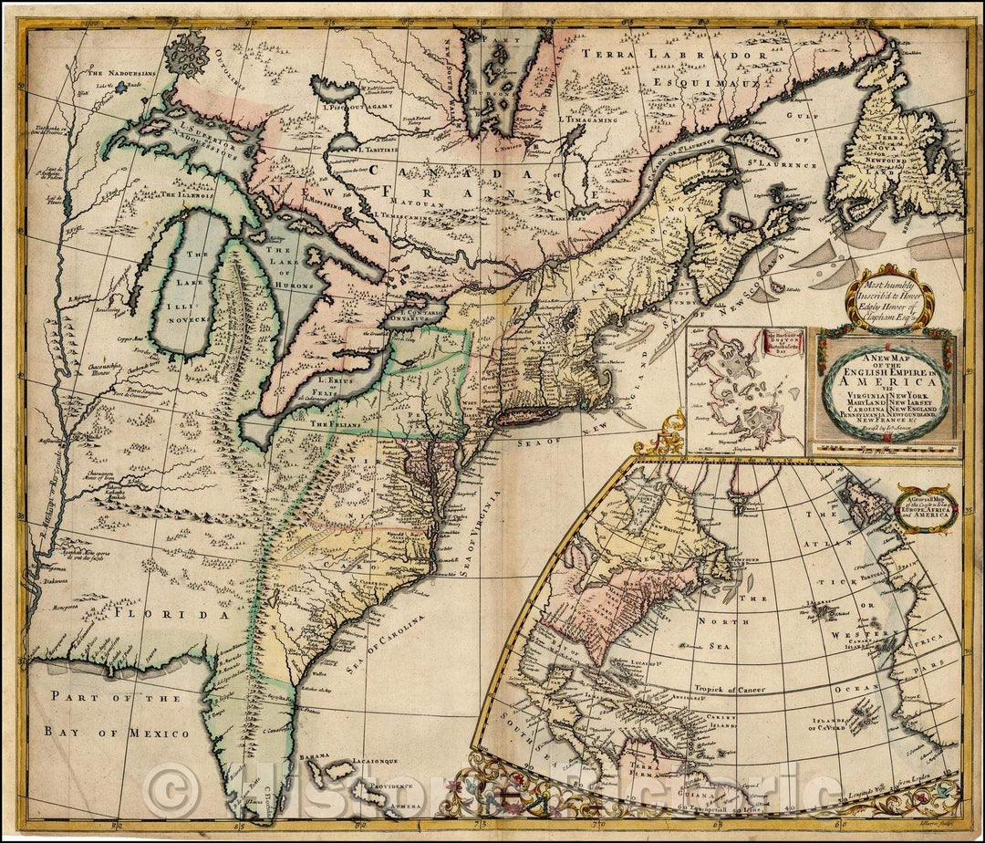 Historic Map - The English Empire in America viz Virginia New York MaryLand New Jarsey Carolina, New England Pennsylvania Newfoundland New France &c, 1719 v1