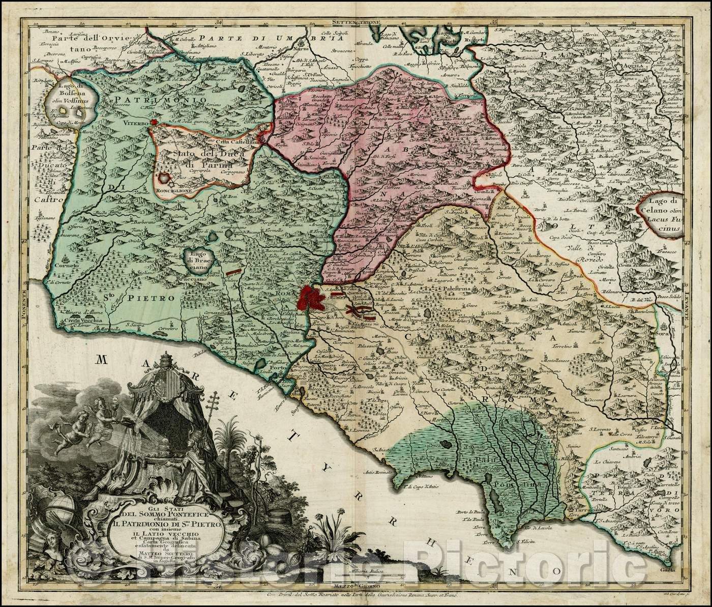 Historic Map - Gli Stati Del Sommo Pontefice chiamati Il Patrimonio di Sto Pietro ::"Stati del Sommo Pontefice," showing the area centered on Rome, 1740 - Vintage Wall Art