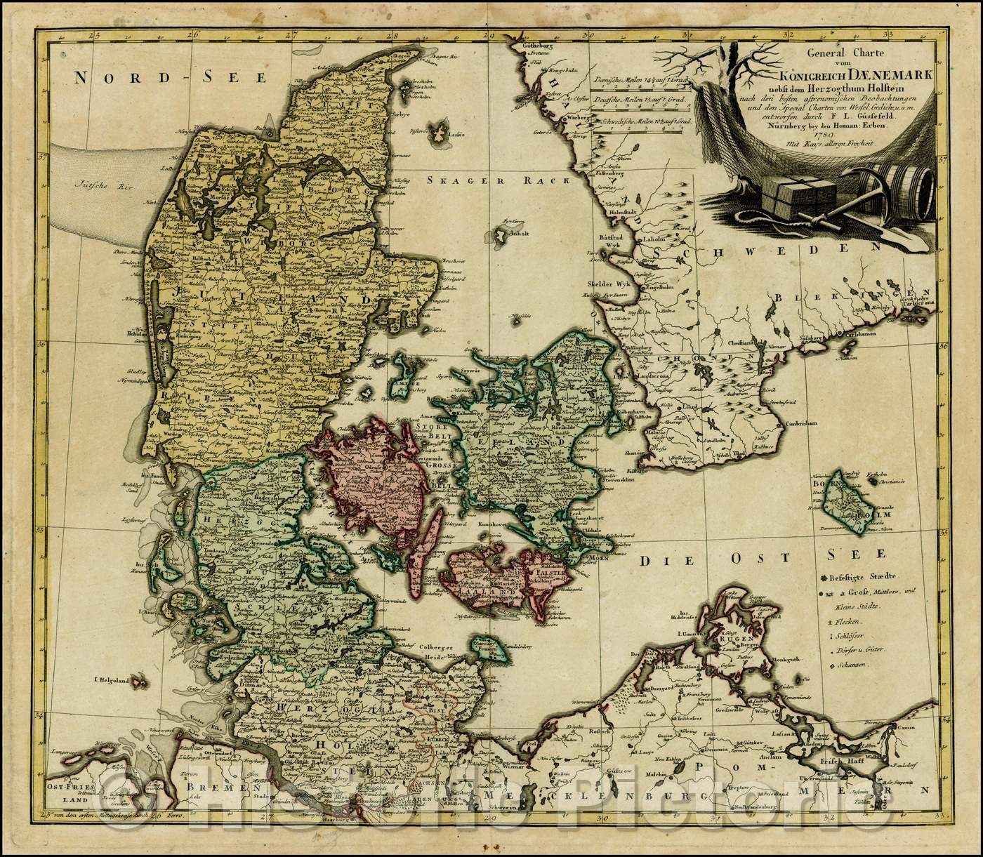 Historic Map - General Charte vom Konigreich Daenemark nebst dem Herzogthuin Holstein/Map of Denmark, contiguous parts of Sweden and Germany, 1789 - Vintage Wall Art