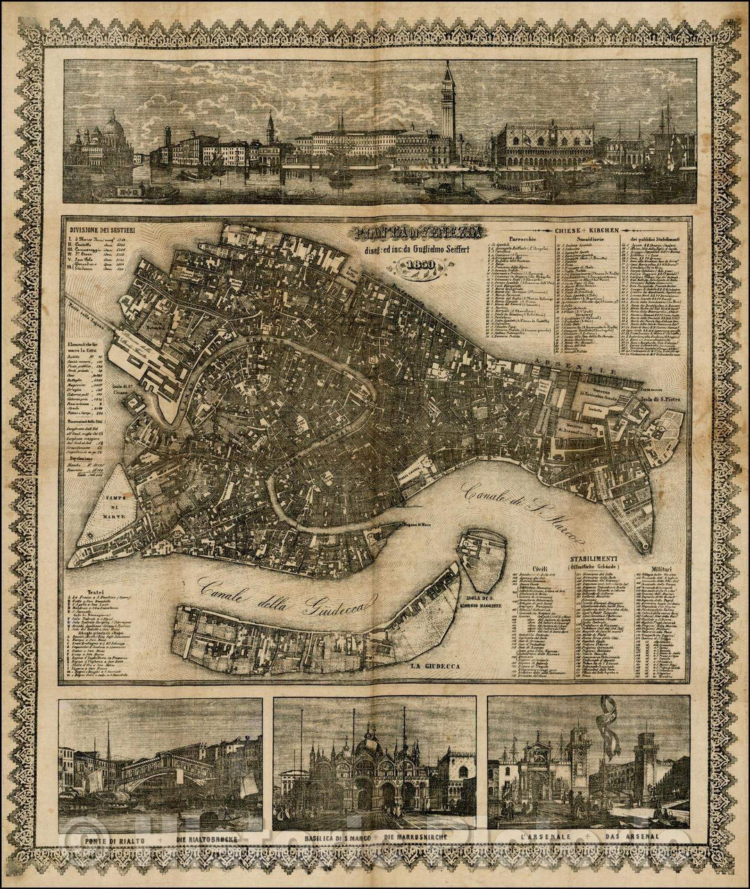 Historic Map - Pianta di Venezia diseg: ed inc:da Guglielmo Seiffert :: Venice, View of the Grande Canale with the Venetian state barge in the foreground, 1859 - Vintage Wall Art